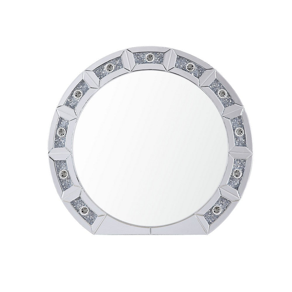 Wall Decor | Round Mirror Panel | Light | Faux Diamond | Silver