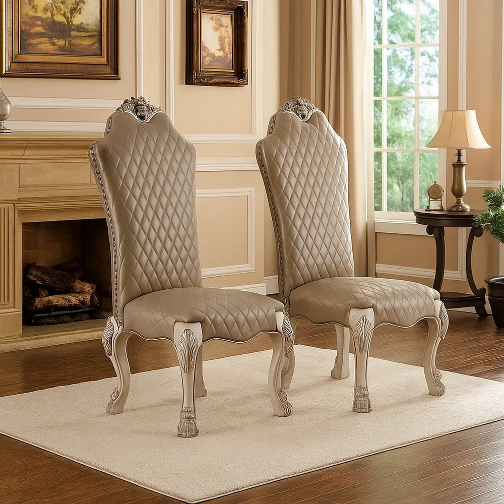 Leatherette Side Chair with High Back and Claw Legs, Set of 2,Antique White