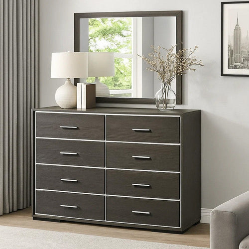 8 Drawer Wooden Dresser with Mirror Trim Accents, Gray