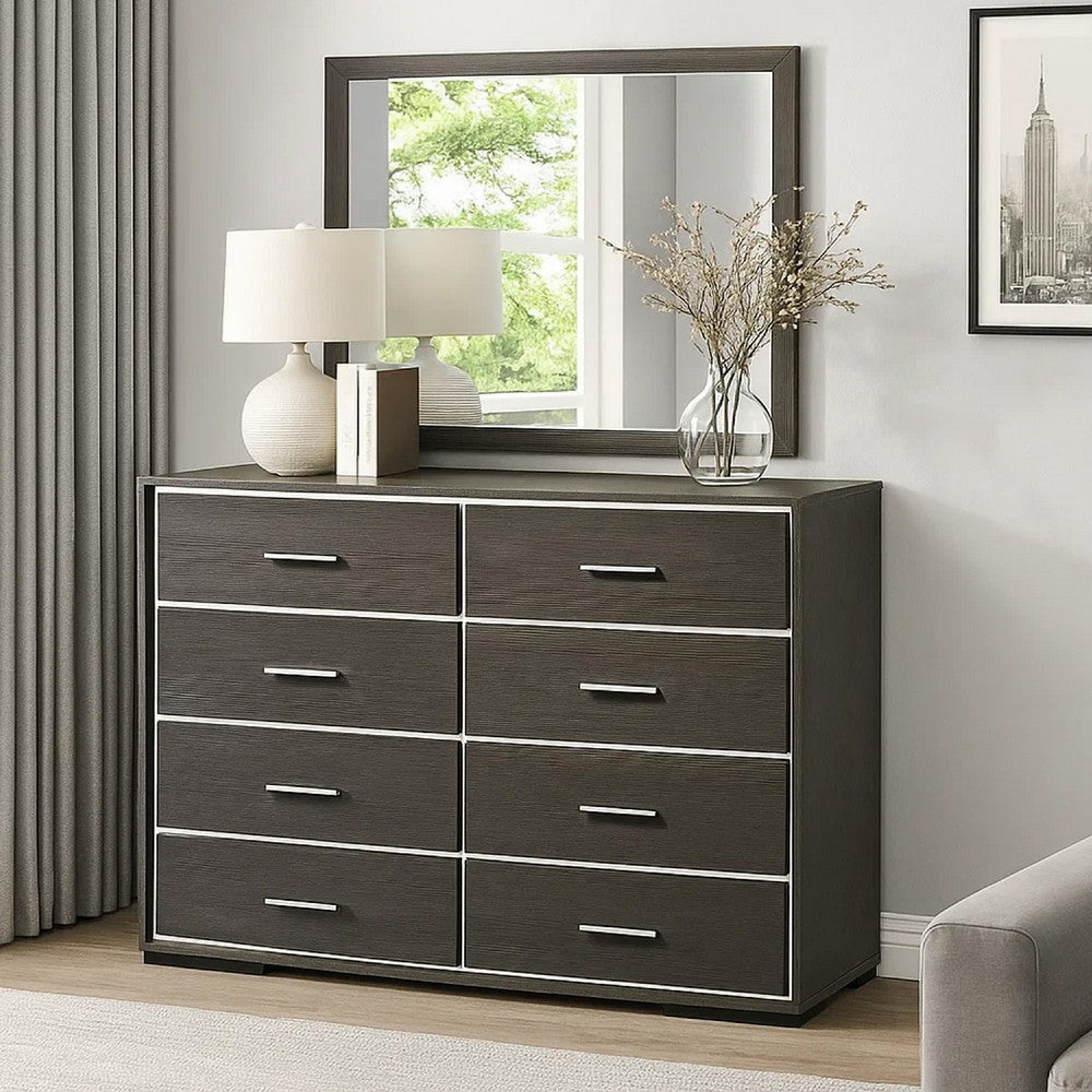 8 Drawer Wooden Dresser with Mirror Trim Accents, Gray