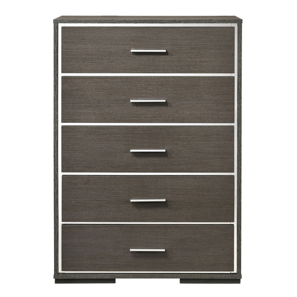 5 Drawer Wooden Chest with Mirror Trim Accents Gray BM225886