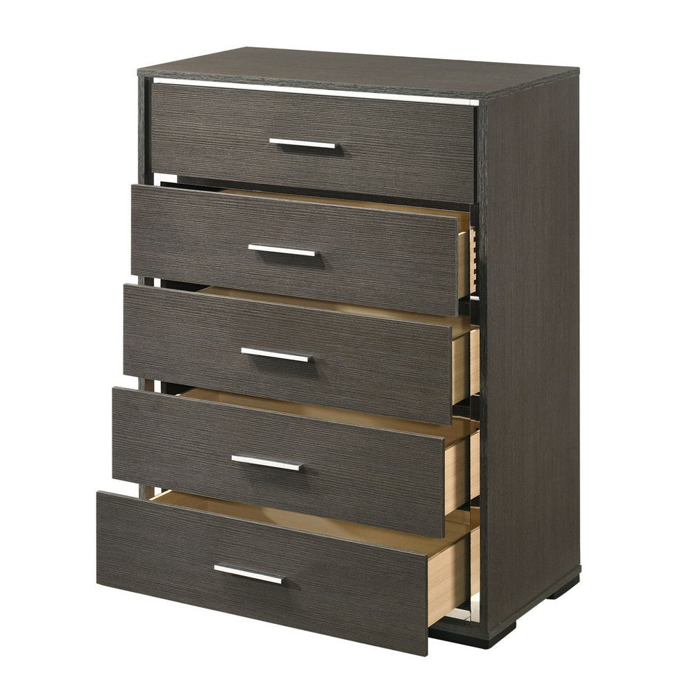 5 Drawer Wooden Chest with Mirror Trim Accents Gray BM225886
