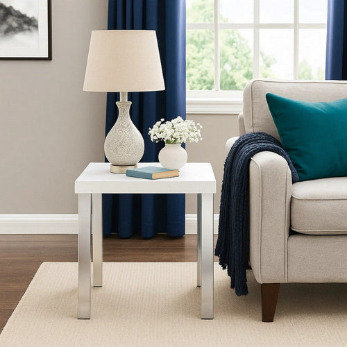 Square Wooden End Table with Straight Metal Legs, White and Chrome