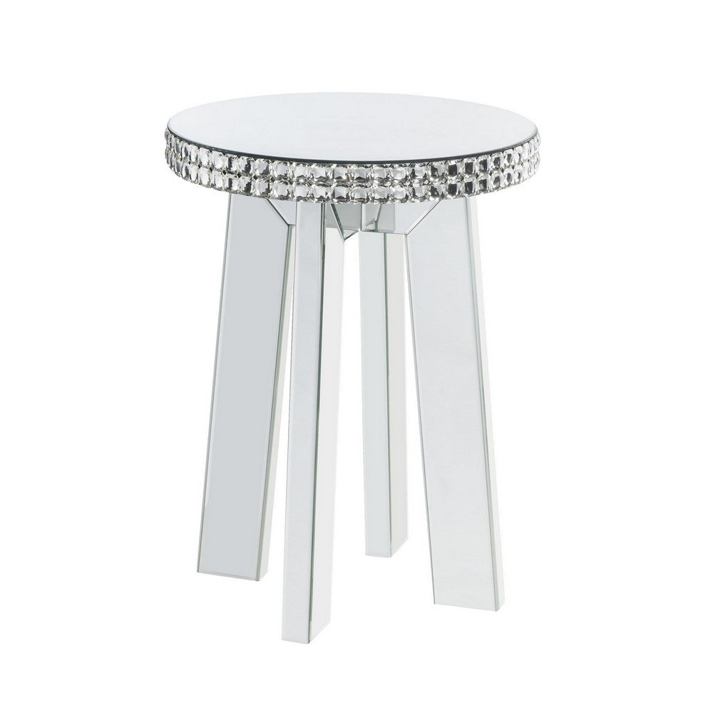 Round Mirror Panel Inlay End Table with Faux Crystals Accents, Silver