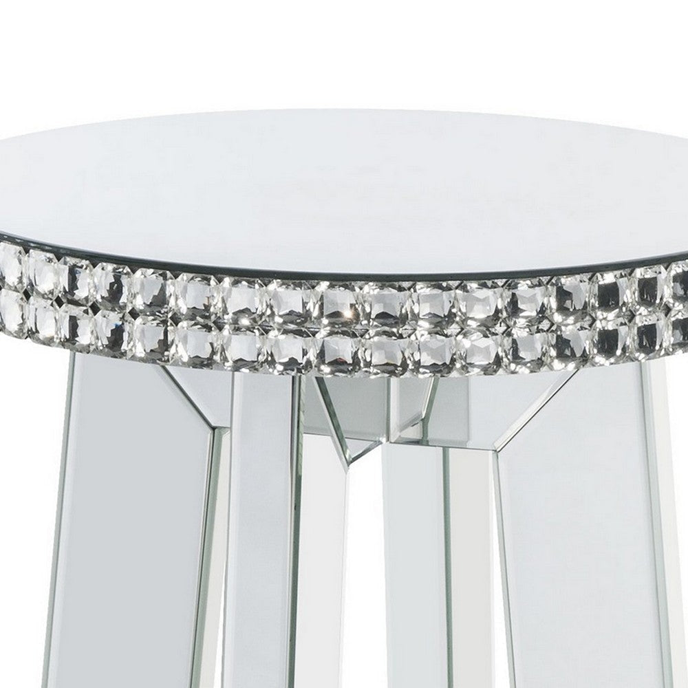 Round Mirror Panel Inlay End Table with Faux Crystals Accents Silver BM225900
