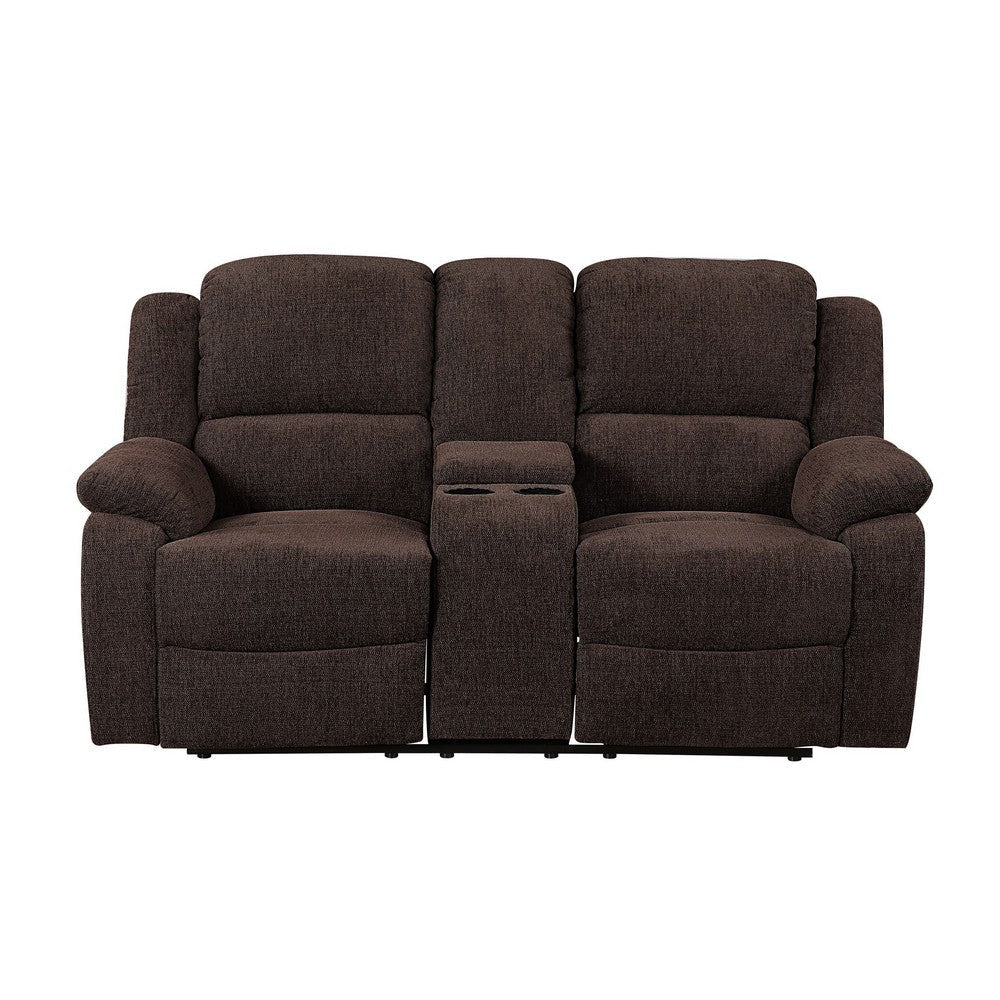 Fabric Upholstered Recliner Loveseat with Console and Cup Holders Brown
