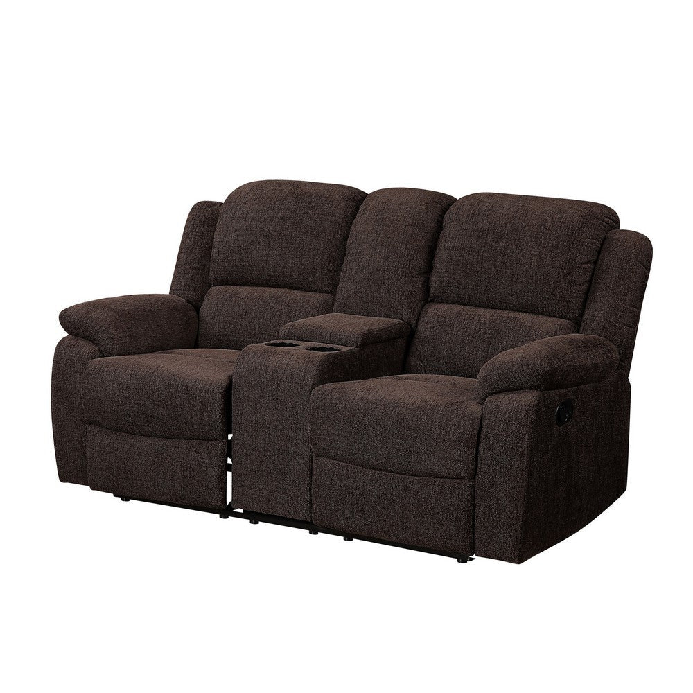 Fabric Upholstered Recliner Loveseat with Console and Cup Holders, Brown