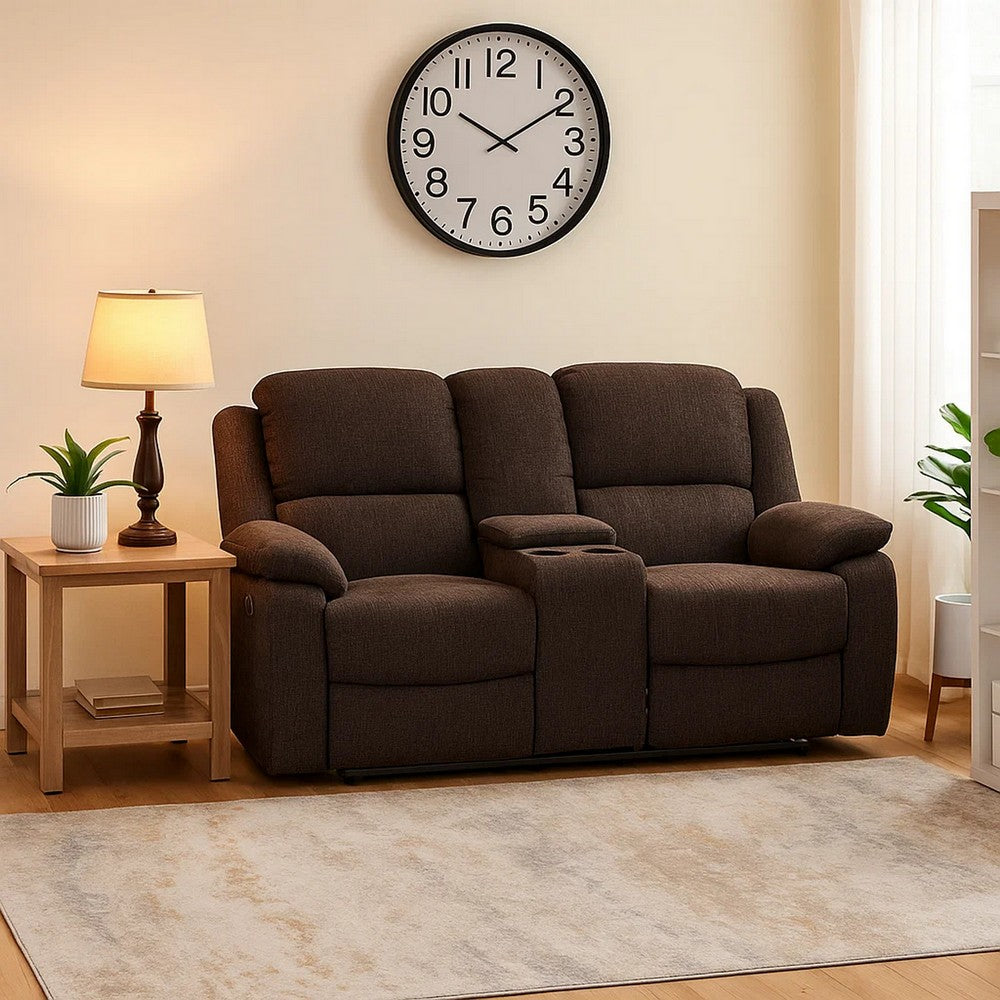 Fabric Upholstered Recliner Loveseat with Console and Cup Holders, Brown