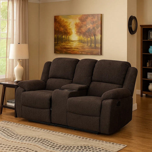 Fabric Upholstered Recliner Loveseat with Console and Cup Holders, Brown