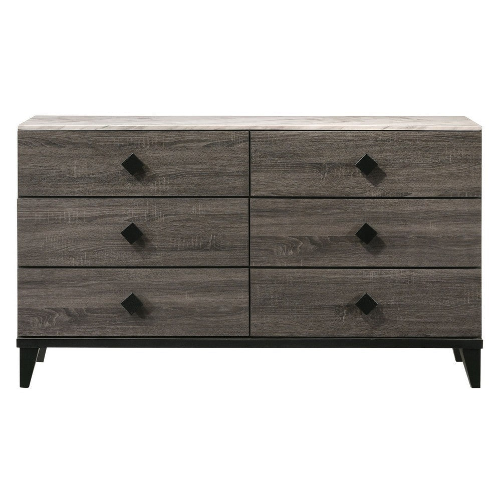 6 Drawer Wooden Dresser with Diamond Metal Knobs Gray and Black BM225917