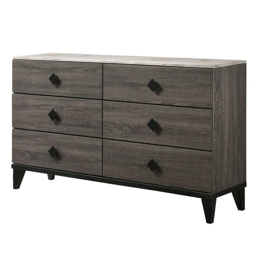 6 Drawer Wooden Dresser with Diamond Metal Knobs, Gray and Black