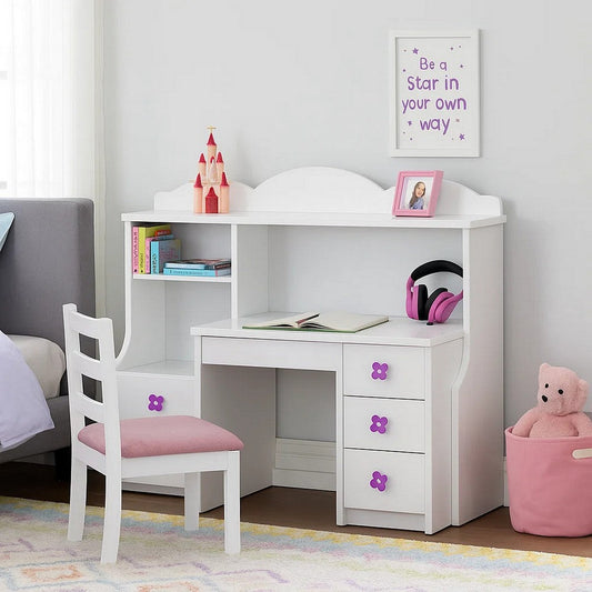 Transitional Wooden Hutch with Two Shelves and Three Drawers, White