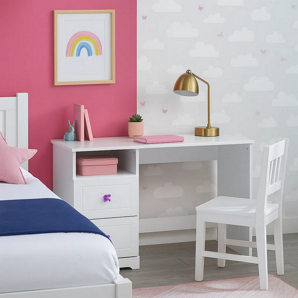 Wooden Table Desk with 2 Drawers and 1 Open Compartment, White