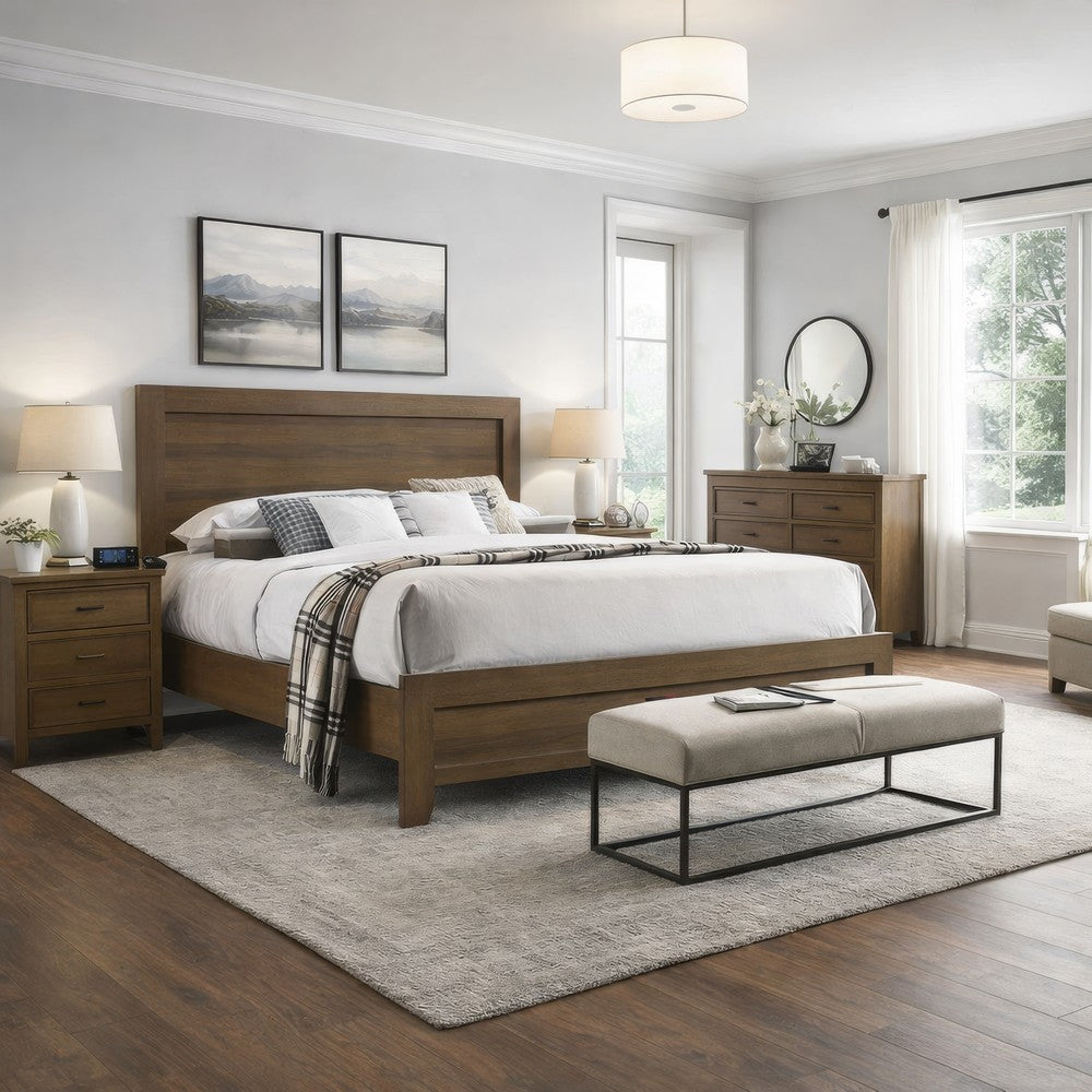 Transitional Style Wooden Eastern King Bed with Raised Molding Trim, Brown