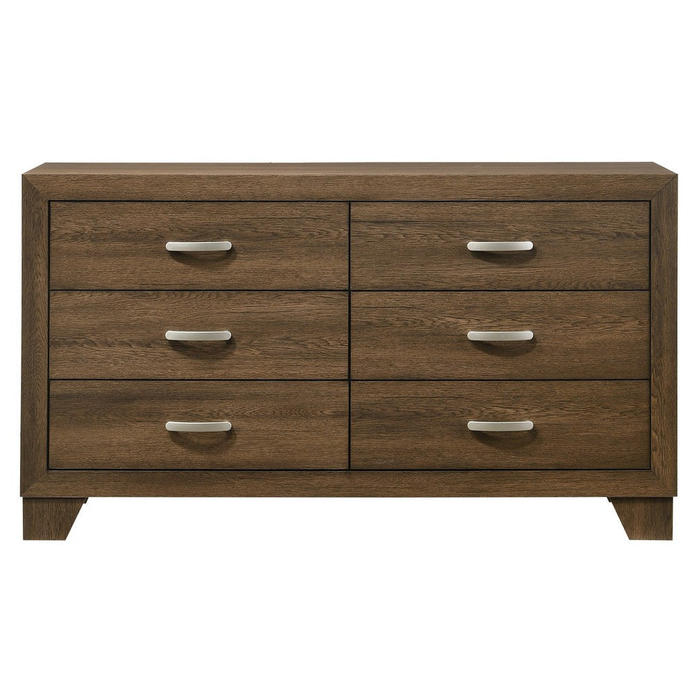 Transitional Style Wooden Dresser with 6 Drawers and Metal Handles Brown