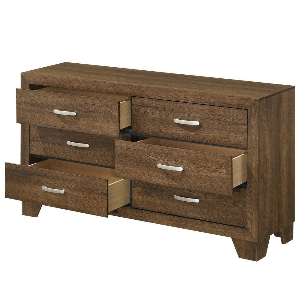 Transitional Style Wooden Dresser with 6 Drawers and Metal Handles Brown