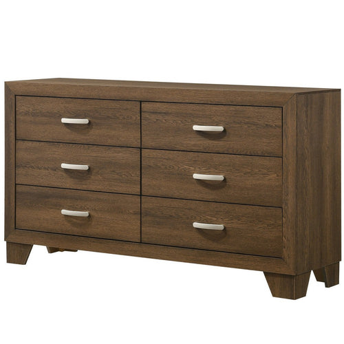 Transitional Style Wooden Dresser with 6 Drawers and Metal Handles, Brown