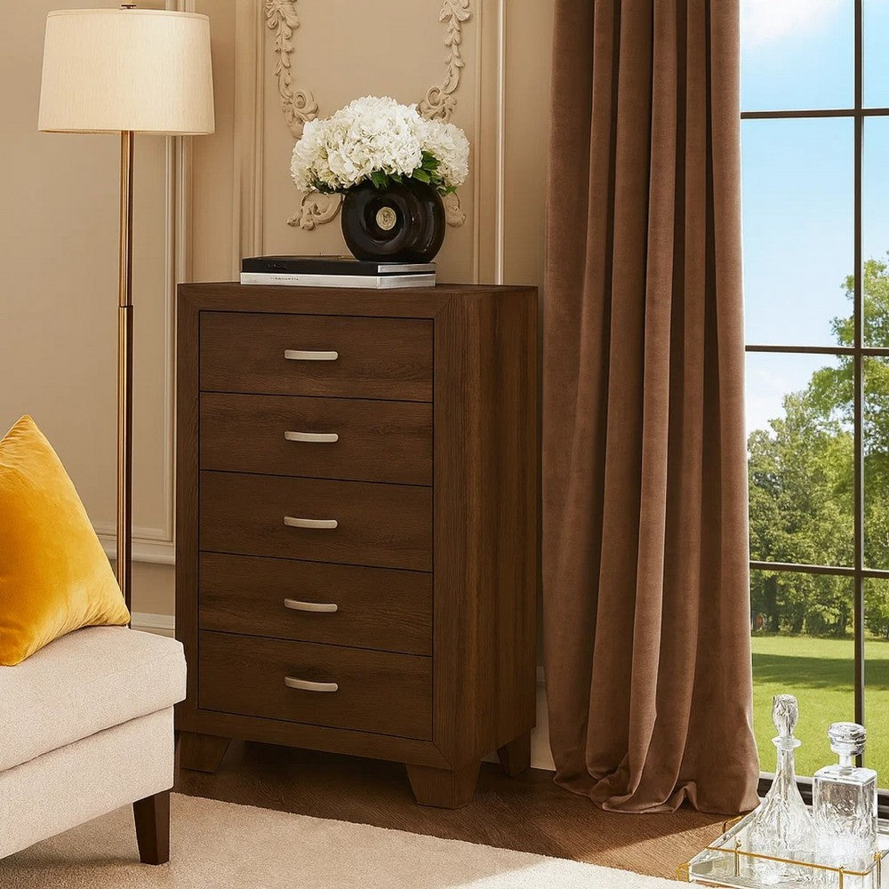 Transitional Style Wooden Chest with 2 Drawers and Metal Handles, Brown