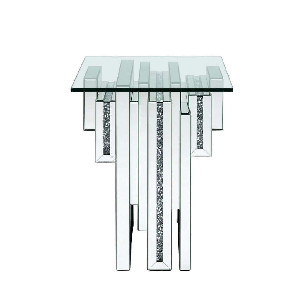 Glass Top End Table with Mirror Panels and Faux Gemstone Accents Silver BM225941