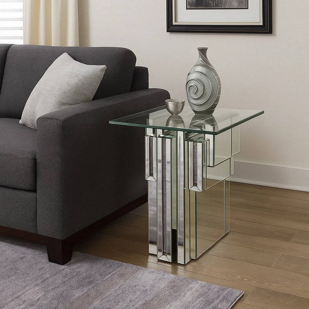 Glass Top End Table with Mirror Panels and Faux Gemstone Accents, Silver