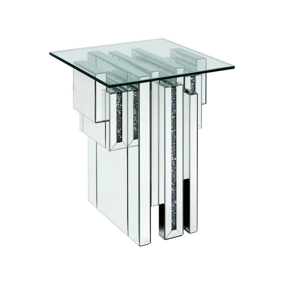 Glass Top End Table with Mirror Panels and Faux Gemstone Accents, Silver
