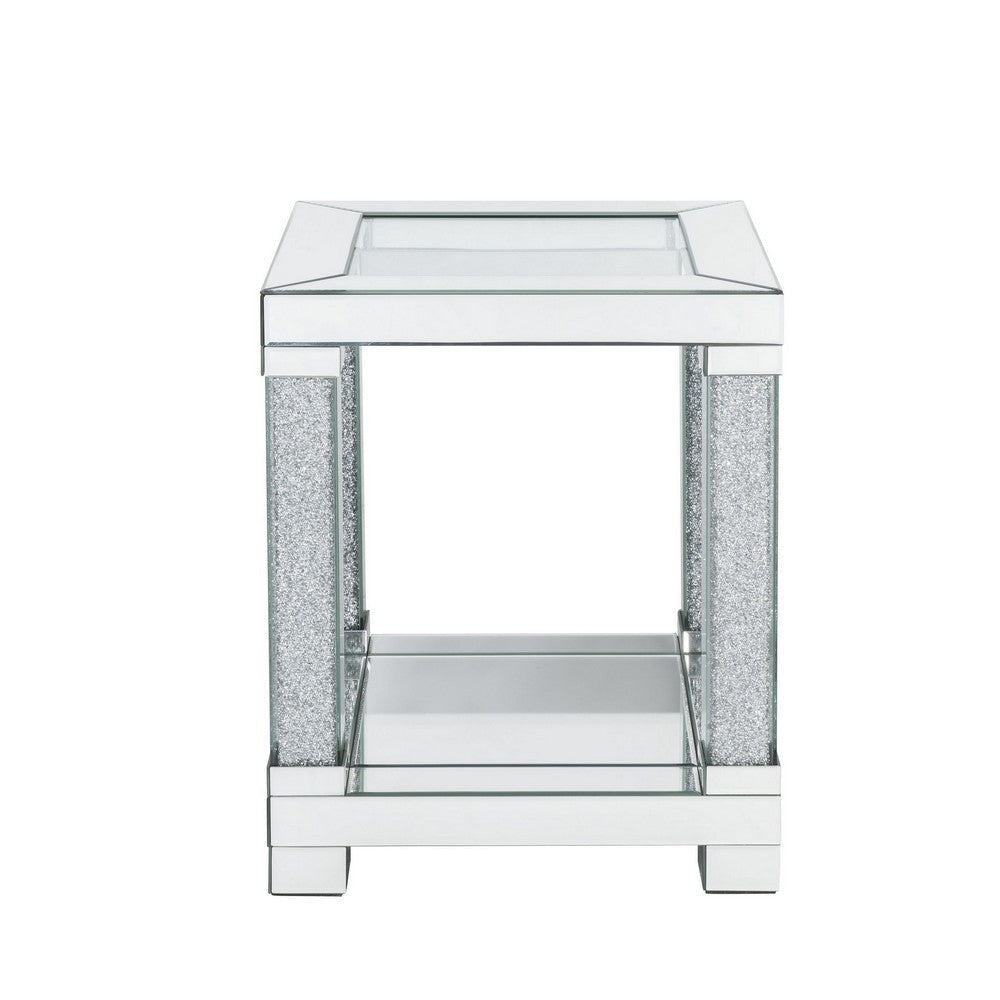 End Table with Faux Gemstone Accents and Mirrored Open Bottom Shelf Silver By Casagear Home BM225944