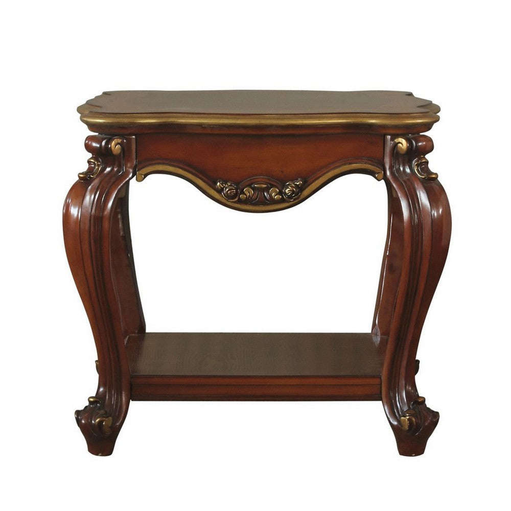 Wooden End Table with Open Bottom Shelf and Carved Details Brown BM225947