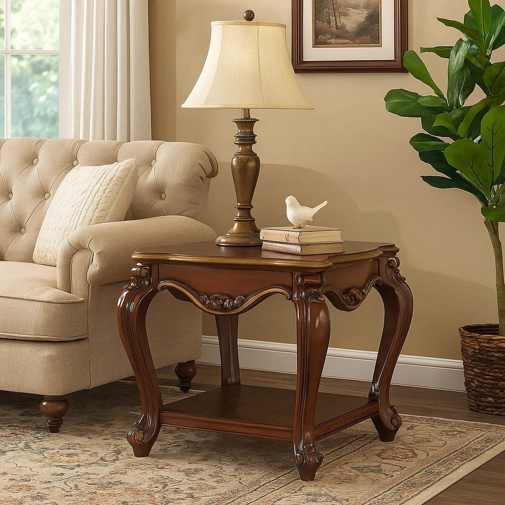 Wooden End Table with Open Bottom Shelf and Carved Details, Brown