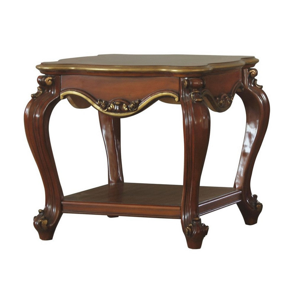 Wooden End Table with Open Bottom Shelf and Carved Details, Brown
