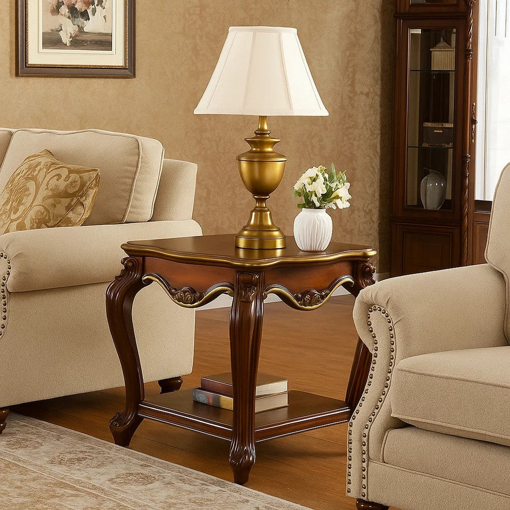 Wooden End Table with Open Bottom Shelf and Carved Details, Brown