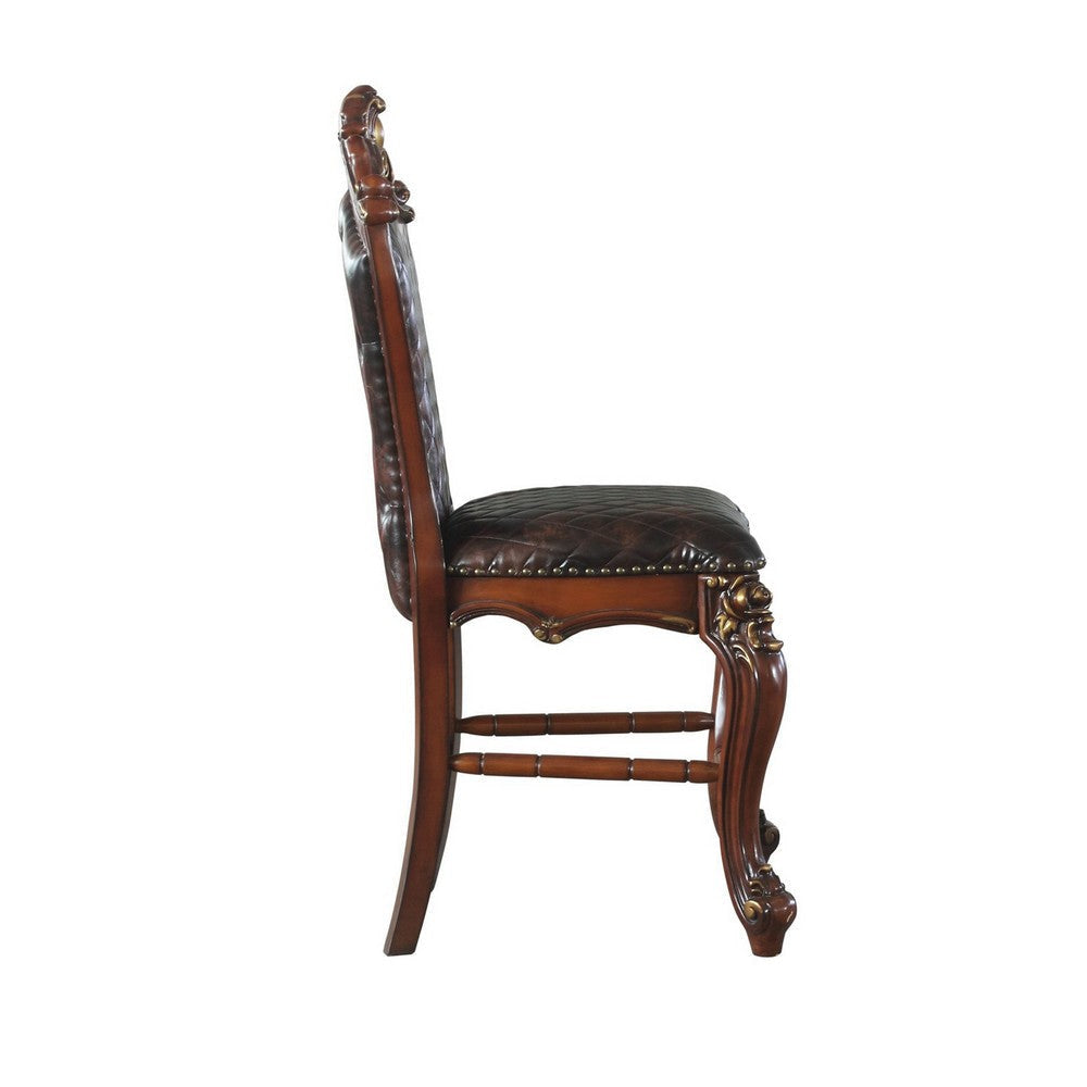 Leatherette Padded Counter Height Chair with Carvings Set of 2 Brown By Casagear Home BM225948