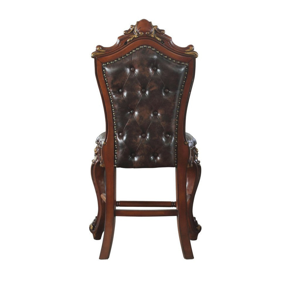 Leatherette Padded Counter Height Chair with Carvings Set of 2 Brown By Casagear Home BM225948