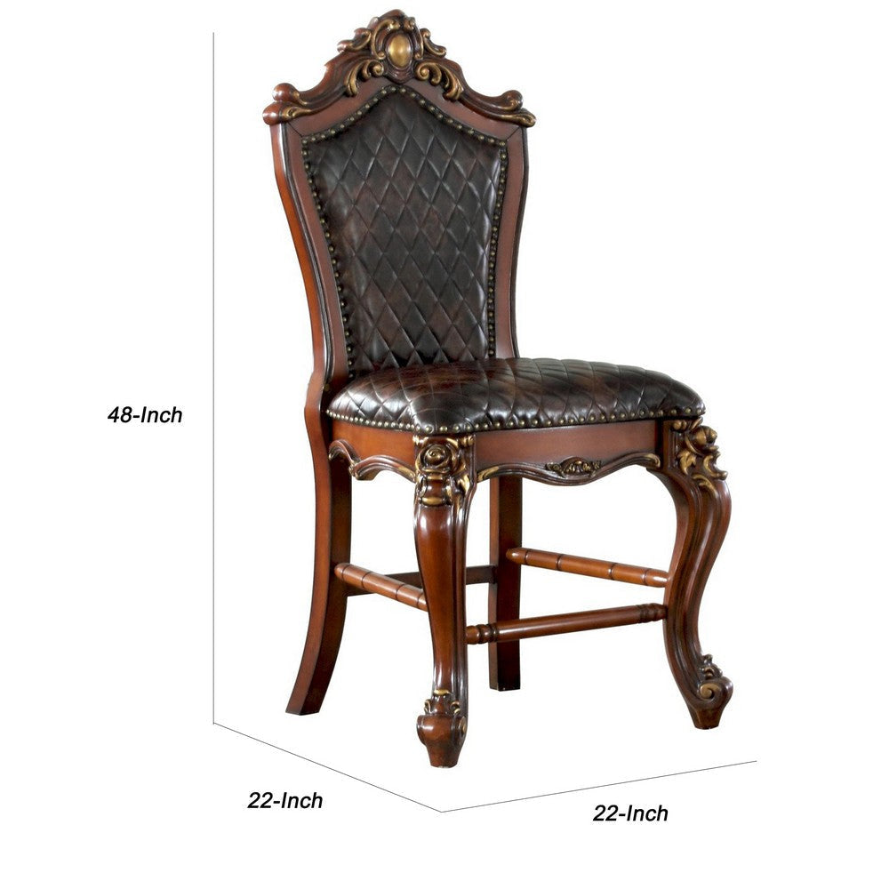 Leatherette Padded Counter Height Chair with Carvings Set of 2 Brown By Casagear Home BM225948