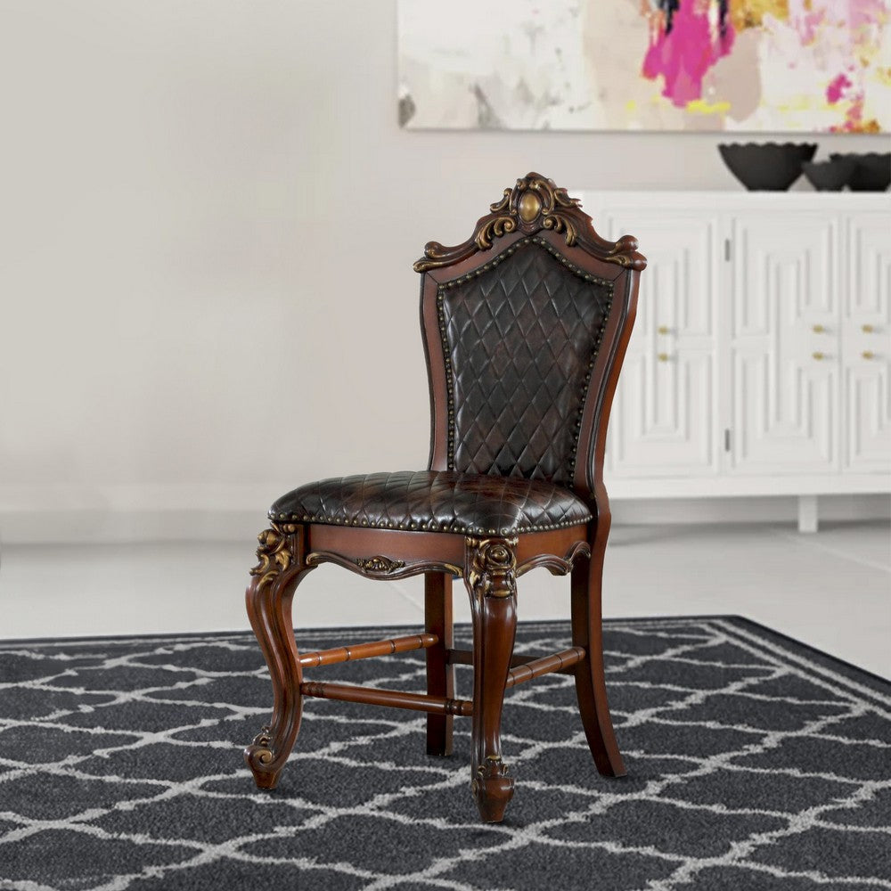 Leatherette Padded Counter Height Chair with Carvings Set of 2 Brown By Casagear Home BM225948