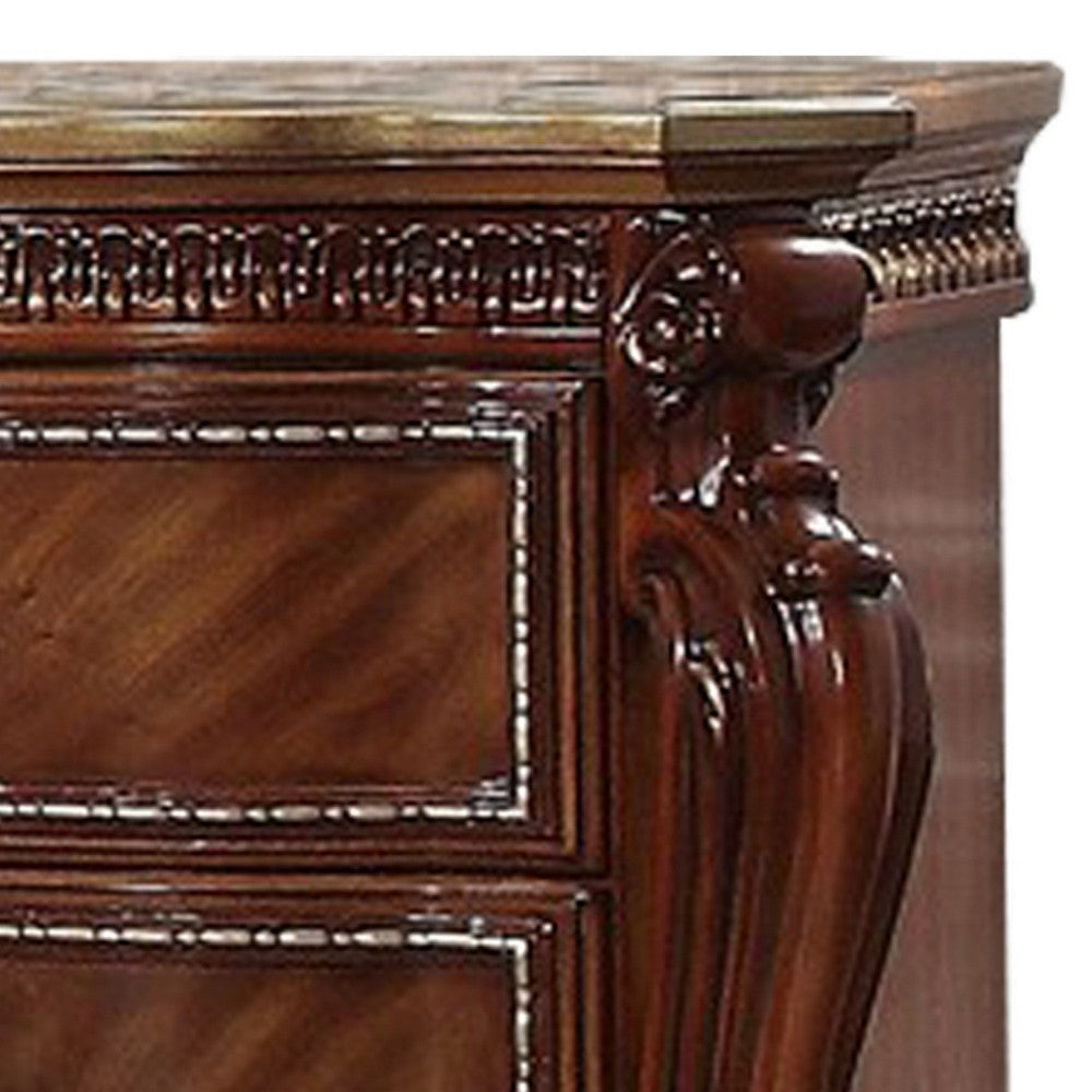 2 Drawer Wooden Nightstand with Metal Knobs and Carved Details Brown BM225950