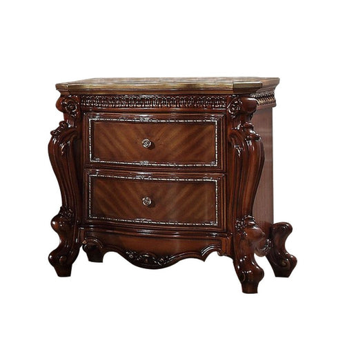 2 Drawer Wooden Nightstand with Metal Knobs and Carved Details, Brown