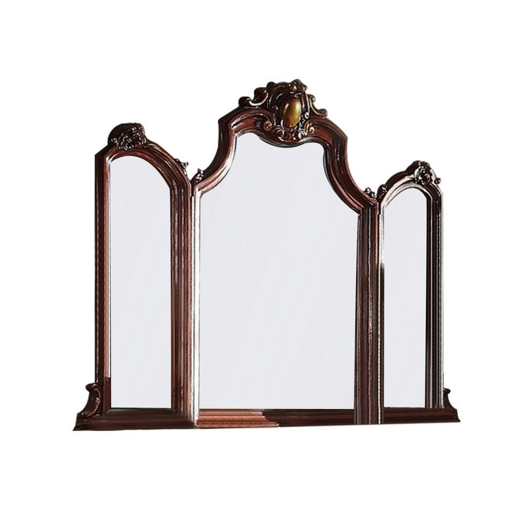 Wooden Frame Mirror with Arched Design and Carved Details, Brown