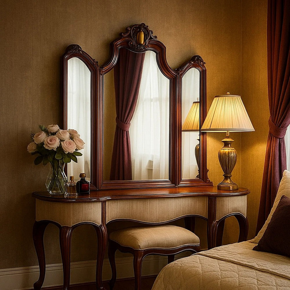 Wooden Frame Mirror with Arched Design and Carved Details, Brown
