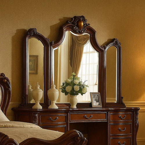 Wooden Frame Mirror with Arched Design and Carved Details, Brown