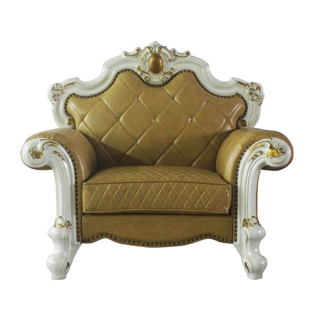 Leatherette Chair with Diamond Stitching and Carvings White and Beige BM225953