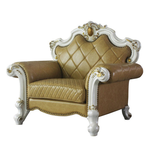Leatherette Chair with Diamond Stitching and Carvings, White and Beige