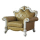 Leatherette Chair with Diamond Stitching and Carvings, White and Beige