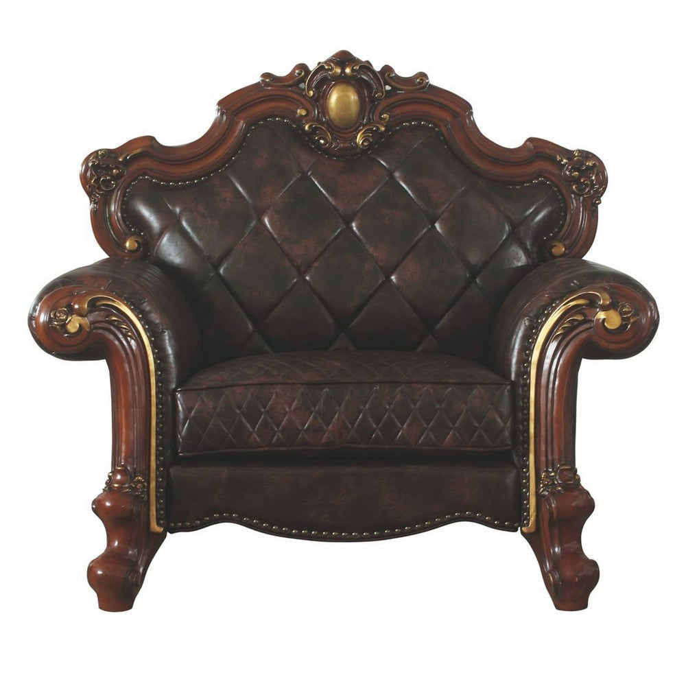 Leatherette Chair with Diamond Stitching and Carved Details Dark Brown BM225955