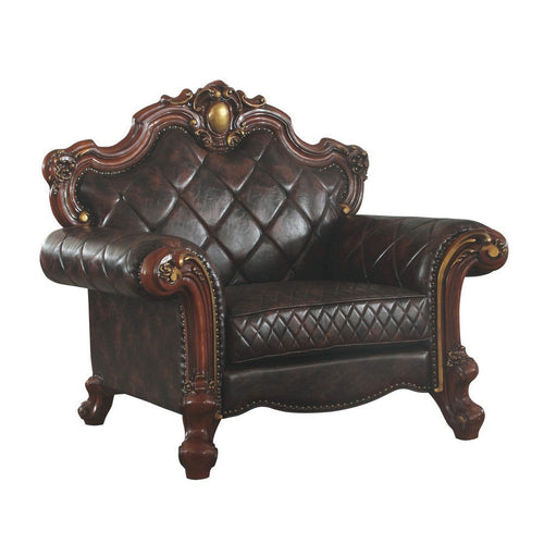 Leatherette Chair with Diamond Stitching and Carved Details, Dark Brown