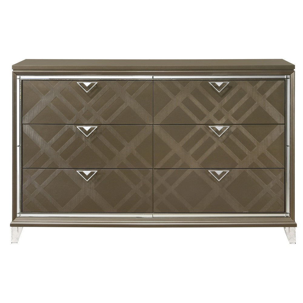 6 Drawer Wooden Dresser with Mirror Accent and Acrylic Legs Taupe Brown BM225966