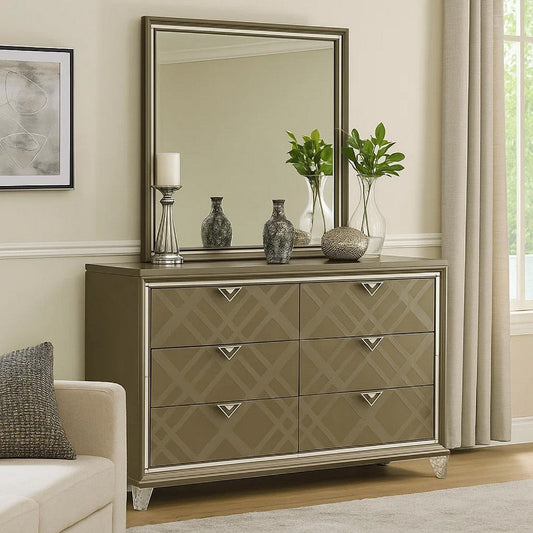 6 Drawer Wooden Dresser with Mirror Accent and Acrylic Legs, Taupe Brown
