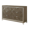 6 Drawer Wooden Dresser with Mirror Accent and Acrylic Legs, Taupe Brown