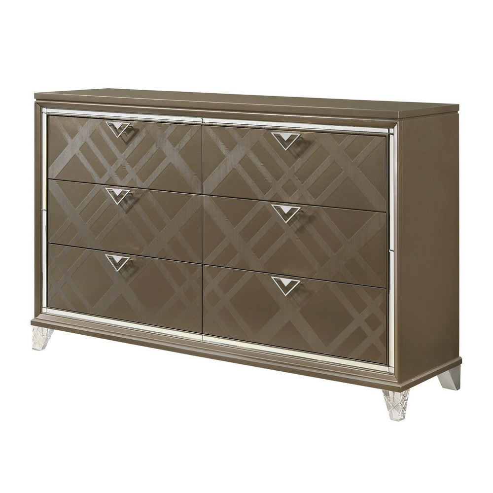 6 Drawer Wooden Dresser with Mirror Accent and Acrylic Legs, Taupe Brown