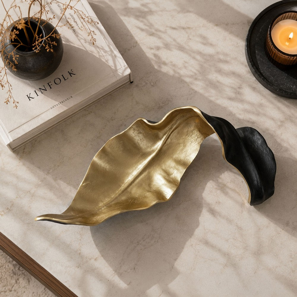 Lica 19 " Twisted Leaf Sculpture Table Decor | Antique Gold & Black Finish | H&crafted Metal By The  Urban Port