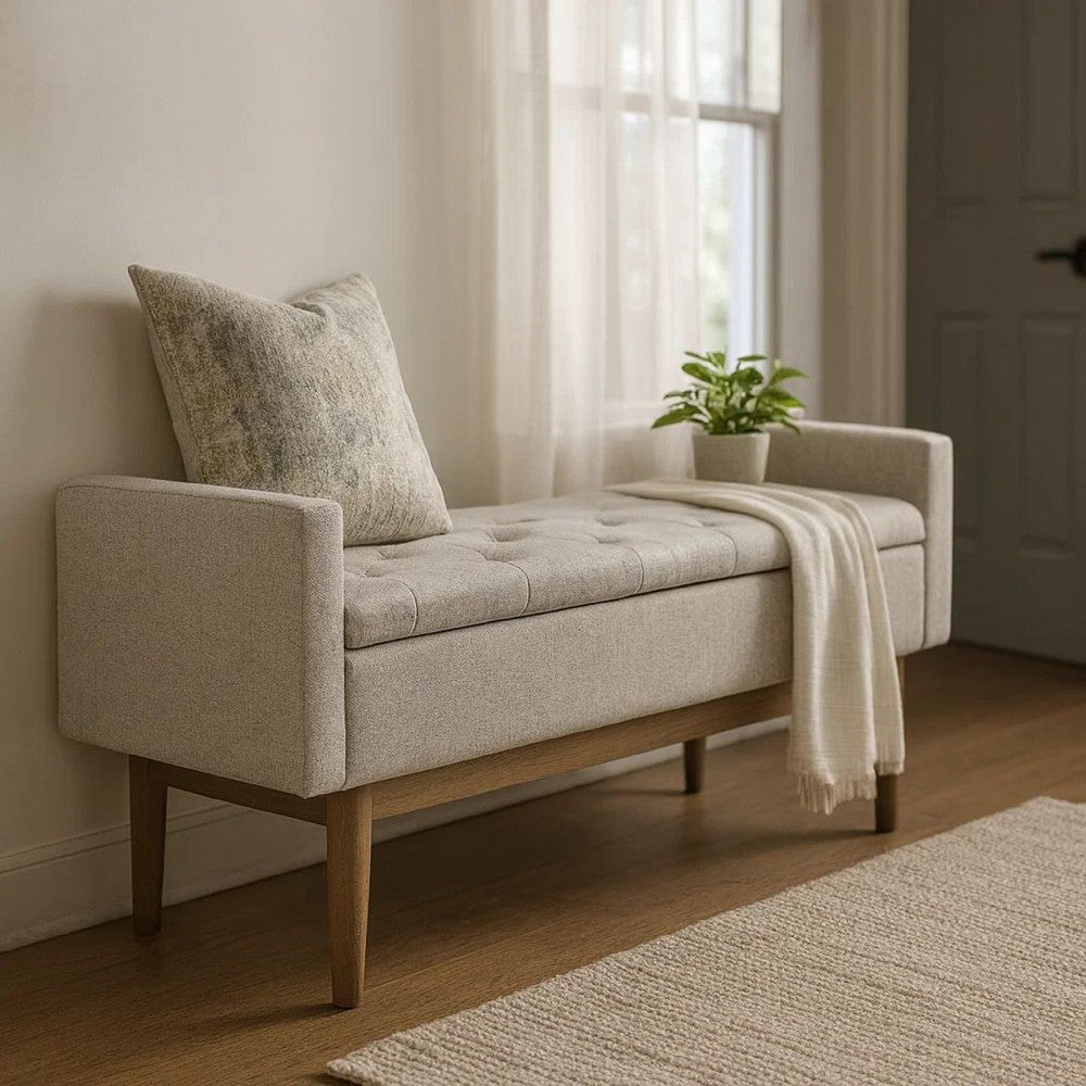 Storage Bench | Tufted Fabric | Low Arms | Light Gray